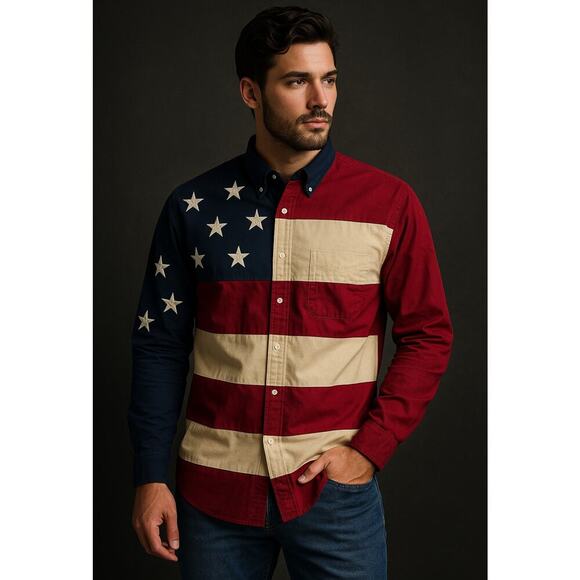 Tommy Hilfiger Flag Shirt Mens L USA Patriotic Button Down Stars Stripes Vintage - Picture 1 of 6